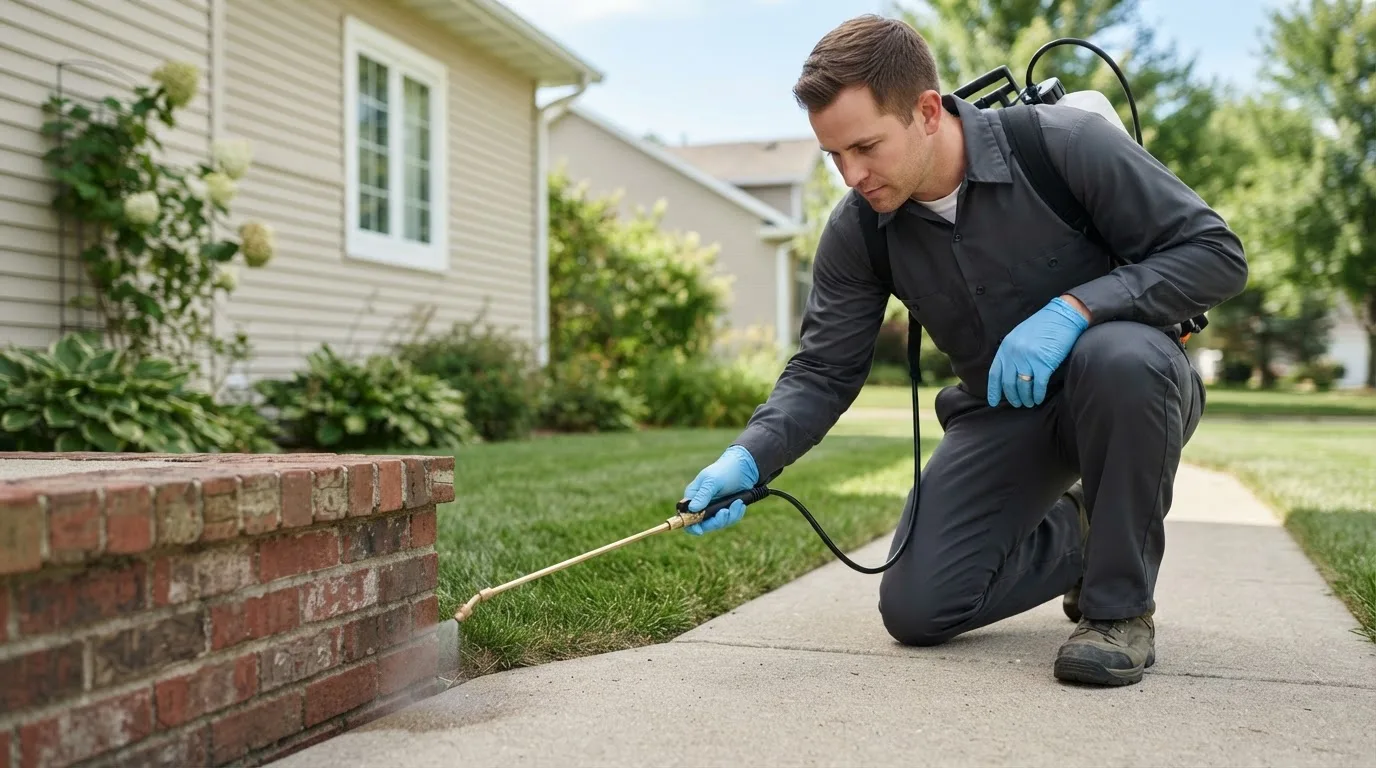 Pest control technician treating a home near Madison, OH