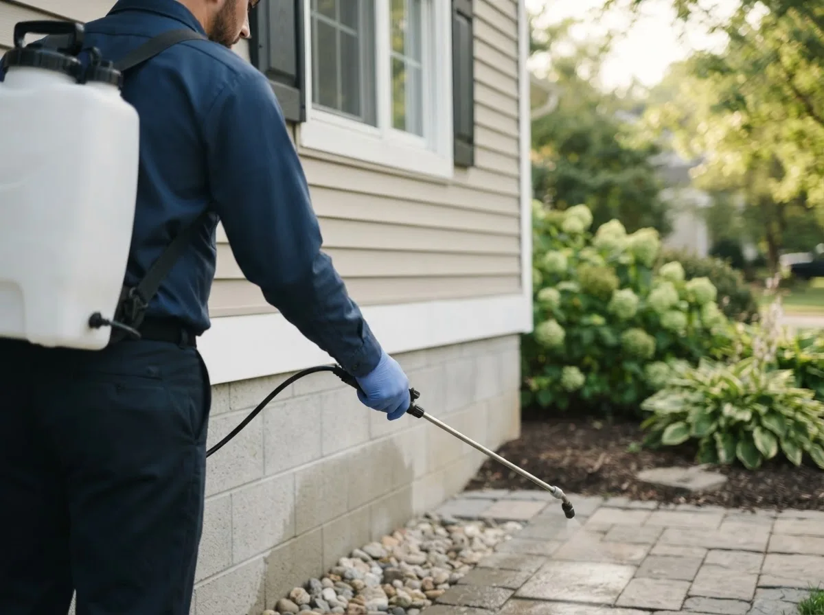 Pest control technician inspecting a home in Madison, OH